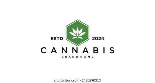 Cannabis leaf with hexagon frame. Premium Vector