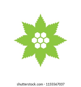 Cannabis leaf with hexagonal CBD.Hemp oil.