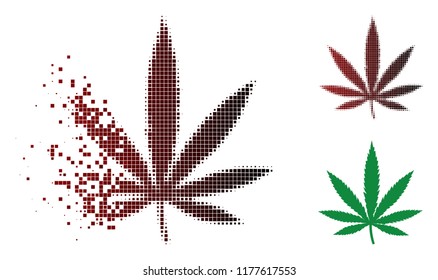 Cannabis leaf icon in dissolved, dotted halftone and undamaged entire variants. Elements are grouped into vector dissipated cannabis leaf form.