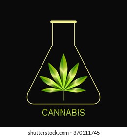 Cannabis leaf icon. Green flask with cannabis leaf, logos design.