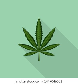 Cannabis Leaf Icon With Long Shadow On Green Background, Flat Design Style