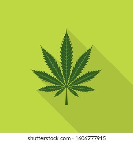 Cannabis Leaf Icon With Long Shadow On Green Background, Flat Design Style