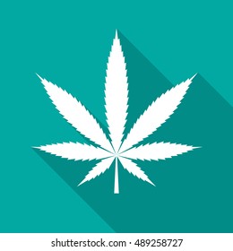 Cannabis leaf icon with long shadow. Flat design style. Marijuana silhouette. Simple green icon. Modern flat icon in stylish colors. Web site page and mobile app design vector element.