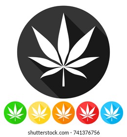 Cannabis Leaf Icon Round Symbol Flat Shadow Vector Art Design Color Set