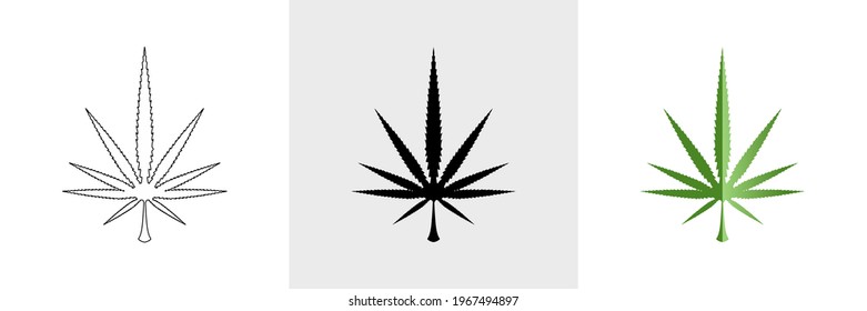Cannabis leaf icon set. Colored, line and object styles. Icons for product labels containing cannabis. Simple design.