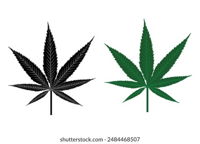 Conjunto de iconos de hoja de cannabis. Vector de hoja de marihuana cáñamo en color negro y verde. Signo de hoja de hierba de CBD naturaleza orgánica Colección aislada plana y línea para computadora de Sitio web y móvil.