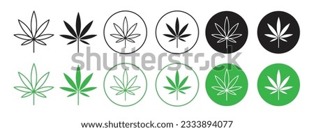 cannabis leaf icon set. hemp marijuana leaf vector symbol in black and green color. CBD weed leaf sign.