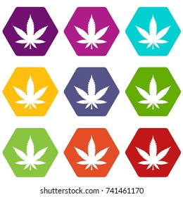 Cannabis leaf icon set many color hexahedron isolated on white vector illustration