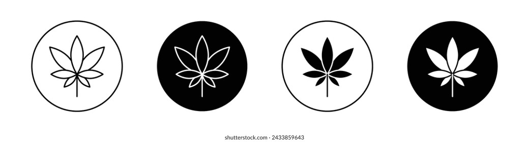 Conjunto de iconos de hoja de cannabis. Símbolo vectorial de marihuana en hoja de cannabis en un estilo negro relleno y perfilado. Signo de emblema herbal.
