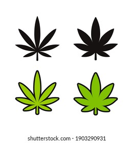 Cannabis leaf icon set. Two marijuana varieties, Indica and Sativa. Black and white silhouette and green cartoon line icons. Simple symbol vector clip art.