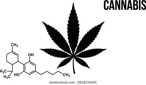 Cannabis leaf icon with THC chemical structure diagram, marijuana plant silhouette, psychoactive compound design, and scientific illustration