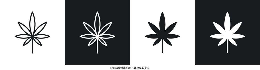 Cannabis leaf icons vectors set in black. line and flat versions