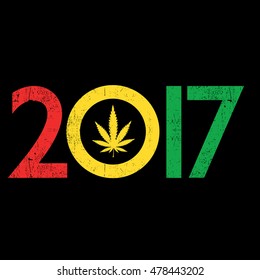 Cannabis leaf inside the 2017 year. Rastafarian New Year gift card with grunge. vector illustration