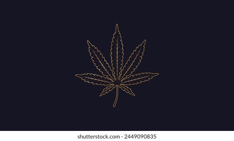 Hoja de cannabis aislada. Icono de hoja de marihuana. Ilustración vectorial. Concepto de logotipo. Indica, Sativa, Híbrida, Ruderalis. Línea dorada de arte sobre fondo oscuro. Diseño de marca Premium.