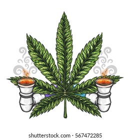 Cannabis leaf with joint. Hand drawn isolated vector illustration.