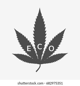 Cannabis leaf with lettering ECO, vector illustration. Gray plant isolated on white, medical marijuana silhouette. Flat design