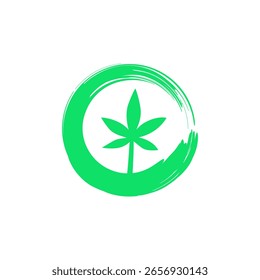 Logotipo de folha de cannabis em pincelada circular bagunçada traçado estilo japonês vetor design