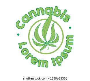 Logo de la hoja de cannabis con ilustración vectorial de texto ficticia sobre fondo blanco.