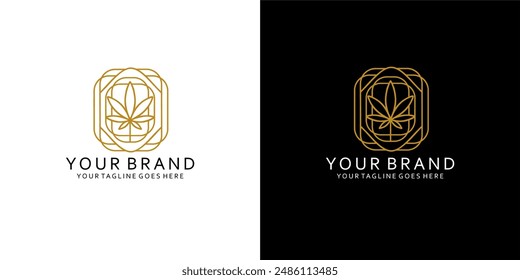 Ein Cannabisblatt-Logo bildet eine geometrische Kurve wie ein Monoline-Ornament-Emblem, das einen einfachen, eleganten und minimalistischen Eindruck von Luxus vermittelt 