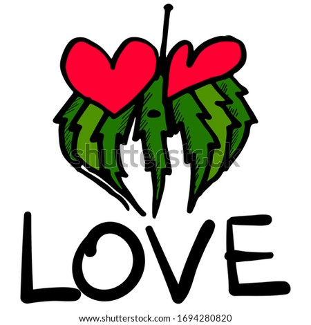 Cannabis leaf in love. Colored marijuana with hearts instead of eyes. White background. Vector illustration about addiction and narcotic grass. Stock image for stickers, logo, print. Word love.