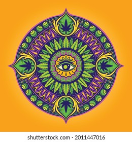 Cannabis Leaf Mandala Psychedelic Vector illustrations for your work Logo, mascot merchandise t-shirt, stickers and Label designs, poster, greeting cards advertising business company or brands.
