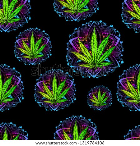 Cannabis leaf, marijuana, herb, weed, ganja. Illicit narcotic, illegal drug. A symbol of creativity,  happiness. Hallucinogen, print, cover. 60s, trippy, dreamy. Vector ornament, seamless, pattern.

