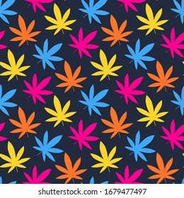 Cannabis leaf, Marijuana leaf seamless pattern. Simple, classy Hemp leaves isolated on black background. Can be used as logo for a cannabis farm, medical products and health concept. 