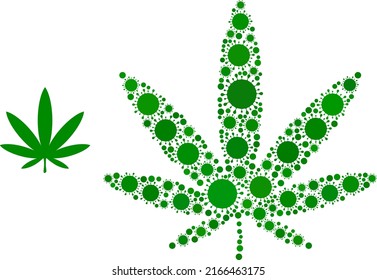 Cannabis leaf mosaic icon. Vector mosaic is created from scattered Covid-2019 elements. Covid mosaic cannabis leaf icon. Cannabis leaf mosaic for breakout templates.