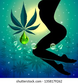Cannabis leaf with oil drop, THC, CBD and the sexy women body's silhouette of marijuana plant farm in the night time, vector illustration. EPS10/ILLUSTRATION
