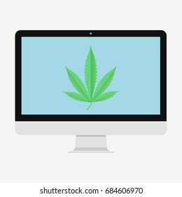 Cannabis Leaf On PC Screen. Vector Illustration. Computer Isolated On White, Medical Marijuana Silhouette. Flat Design