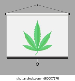 Cannabis leaf on projector screen, vector illustration, medical marijuana silhouette. Flat design