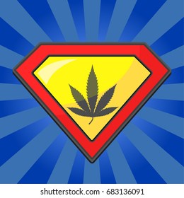 Cannabis leaf on super shield, vector illustration. Colorful red and yellow sign with blue rays. Flat design