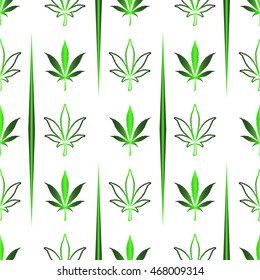 Cannabis leaf on a white background. Vector seamless pattern.