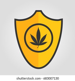 Cannabis leaf on yellow shield, vector illustration. Protection sign isolated on white, medical marijuana silhouette. Flat design
