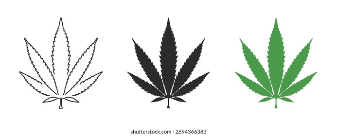 Conjunto de iconos de Vector negro y verde con contorno de hoja de cannabis