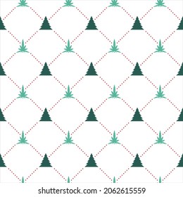 Patrón de hojas de cannabis y árbol de navidad verde sobre un fondo blanco con líneas de puntos rojas. Pizarra abstracta sin inconvenientes. Diseño de textura para tela, azulejos, cubierta, afiche, pared. Ilustración vectorial.