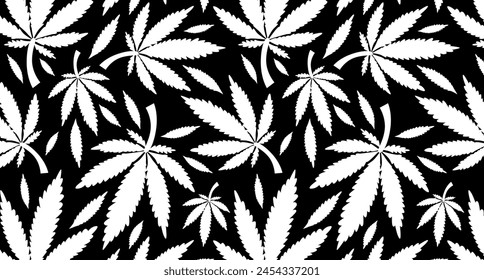 Cannabisblattmuster in Grüntönen auf schwarzem Hintergrund. Design für Kräutermedizin, CBD-Produktverpackungen und botanisches Wellnesskonzept.