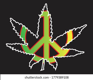 Cannabis leaf with peace symbol and Jamaice Rastafarian flag