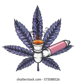 Cannabis leaf with pipe. Hand drawn isolated vector illustration.