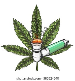 Cannabis leaf with pipe. Hand drawn isolated vector illustration.