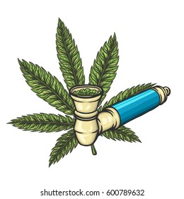 Cannabis leaf with pipe. Hand drawn isolated vector illustration.