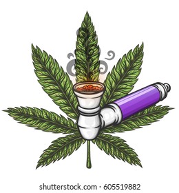 Cannabis leaf with pipe. Hand drawn isolated vector illustration.