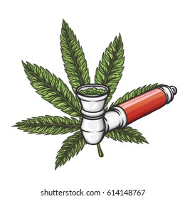 Cannabis leaf with pipe. Hand drawn isolated vector illustration.