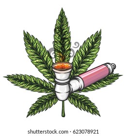 Cannabis leaf with pipe. Hand drawn isolated vector illustration.