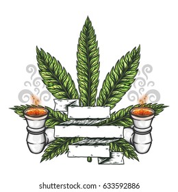 Cannabis leaf with pipe. Hand drawn isolated vector illustration.