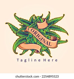 Cannabis leaf plant with vintage ribbon swirls illustration vector illustrations for your work logo, merchandise t-shirt, stickers and label designs, poster, greeting cards advertising business 