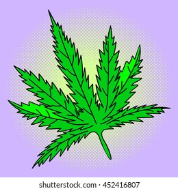 Cannabis leaf Pop art vector illustration. Beautiful style comic medication. Hand-drawn green herb