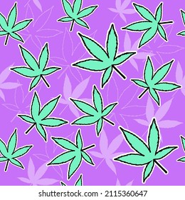 Cannabis Blatt psychedelischen Hippie-Stil nahtlose Muster auf violettem Hintergrund. Vektorgrafik