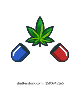 Cannabis leaf from the red and blue capsule, pill, medical marijuana