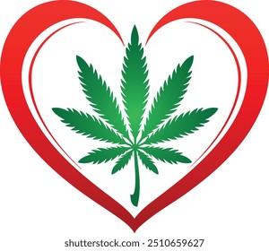Hoja de cannabis en una Ilustración vectorial roja del corazón, logotipo del corazón de la hoja del cáñamo